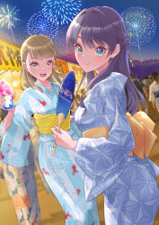  2girls absurdres animal_print asa_no_ha_(pattern) black_bow blue_kimono blue_ribbon bow braid brown_hair center-flap_bangs commentary cowboy_shot cup feet_out_of_frame fireworks fish_print food hair_bow hair_ribbon half_up_braid half_updo hand_fan highres holding holding_cup holding_fan japanese_clothes kachimachi_kosuzu kachimachi_kosuzu_(hokkoku_hanabi) kimono kobassy link!_like!_love_live! long_hair looking_at_viewer love_live! multiple_girls murano_sayaka murano_sayaka_(hokkoku_hanabi) night obi official_alternate_costume orange_sash outdoors print_kimono red_ribbon ribbon sash shaved_ice side_braids striped_clothes striped_kimono summer_festival vertical-striped_clothes vertical-striped_kimono virtual_youtuber yellow_sash yukata 