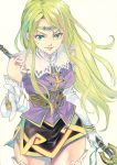  1girl agahari blonde_hair elbow_gloves gloves green_eyes highres long_hair mystina solo staff thigh-highs traditional_media valkyrie_profile 