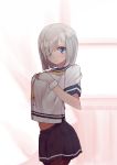  1girl absurdres blue_eyes blush breasts comrade_stalin gloves grey_skirt hair_ornament hair_over_one_eye hairclip hamakaze_(kantai_collection) hands_on_own_chest highres kantai_collection looking_at_viewer neckerchief pantyhose pleated_skirt sailor_collar school_uniform serafuku short_hair silver_hair skirt solo white_gloves 