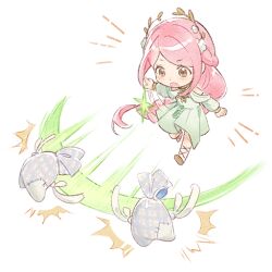  1girl ^^^ artist_request attack bare_shoulders battle black_ribbon brooch brown_eyes brown_sandals chibi choker clothing_cutout determined dress esseling_(infinity_nikki) eyelashes flower game_cg green_dress hair_flower hair_ornament infinity_nikki jewelry laurel_crown leg_ribbon long_hair long_sleeves looking_at_creature low-tied_long_hair medium_dress nape_braid nikki_(nikki) nikki_(series) notice_lines official_art outstretched_arms pink_hair pleated_dress puffy_long_sleeves puffy_sleeves ribbon sad_sack_(infinity_nikki) sandals shoulder_cutout slashing sparkle sun_symbol tareme transparent_background very_long_hair white_flower wind_of_purity_(infinity_nikki) yellow_choker 