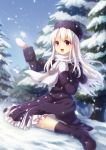  1girl :d boots clenched_hand coat fate/stay_night fate_(series) hat highres illyasviel_von_einzbern long_hair mittens open_mouth outdoors red_eyes scarf sitting smile snow snowflakes snowing solo tree white_hair yezhi_na 