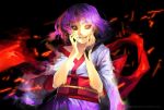  1girl borrowed_character bust d-oppelganger ghost green_eyes grin hands_on_own_cheeks hands_on_own_face heterochromia isabelle_(acerailgun) japanese_clothes kimono original purple_hair smile solo watermark web_address yellow_eyes 
