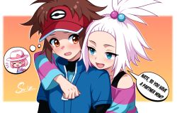  2girls :d :o arm_around_neck bag blue_eyes brown_eyes brown_hair english_text hat highres long_sleeves mole mole_under_eye multiple_girls nate_(pokemon) open_mouth pink_bag pink_hair pokemon pokemon_bw2 roxie_(pokemon) short_hair shoulder_bag smile speech_bubble sphere_hair_ornament su1zide thought_bubble upper_body visor_cap white_hair white_hat yancy_(pokemon) 