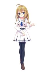  1girl :o ahoge belt black_belt black_pantyhose blonde_hair blue_eyes braid breasts brown_shoes buttons dot_nose double-breasted dress earrings fang full_body furumi_chie glasses hand_up highres izumi_tsubasu jewelry large_breasts long_hair long_sleeves looking_at_viewer official_art open_mouth outstretched_hand pantyhose re:stage! round_eyewear sailor_collar school_uniform shoes simple_background single_braid skin_fang solo tachi-e transparent_background white_dress white_sailor_collar 