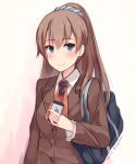  1girl 2014 apple_inc. bag blue_eyes blush brown_hair cellphone dated highres iphone kantai_collection kumano_(kantai_collection) long_hair looking_at_viewer phone ponytail shuuichi sketch smartphone smile solo twitter_username 