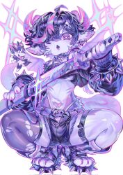  1boy 1girl absurdres ahoge animal_ears black_hair black_sandals black_shorts black_tail bracelet choker claws dragon dragon_tail earrings fangs flat_chest furry furry_female hair_ornament hair_over_one_eye highres hoop_earrings horns jewelry katana leg_wrap magic magic_dream00 multicolored_hair multiple_earrings open_fly open_mouth panties pink_claws pink_hair pink_horns pink_tail sandals short_hair shorts skin_fangs skull_hair_ornament spiked_bracelet spiked_sandals spikes striped_clothes striped_panties sword symbol-shaped_pupils tail thigh-highs tongue torn_clothes torn_thighhighs underwear weapon white_background x-shaped_pupils 