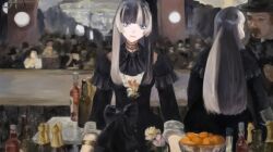  1boy 1girl a_bar_at_the_folies-bergere_(manet) black_bow black_dress black_hair bottle bow dress dress_bow fine_art_parody flower frilled_dress frills hololive hololive_dev_is juufuutei_raden long_hair looking_at_viewer makitekka multicolored_hair parody reflection streaked_hair virtual_youtuber white_hair 