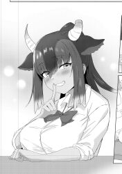  1girl alternate_costume animal_ears blush bow bowtie breasts broken_horn collared_shirt cow_ears cow_girl cow_horns finger_to_mouth goshingyu-sama_(kemono_friends) greyscale hair_between_eyes highres horns kemono_friends looking_at_viewer mogurii monochrome ponytail school_uniform shirt short_hair sidelocks sleeves_rolled_up smile solo 