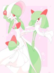  absurdres bob_cut bonnet bowl_cut colored_skin dress evolutionary_line flower gardevoir gardevoir_(fashionable) green_hair green_skin hair_over_eyes hair_over_one_eye hat hat_flower highres horns inb795 kirlia multicolored_skin pink_background pink_eyes pokemon pokemon_(creature) pokemon_unite ralts sidelocks simple_background two-tone_skin white_dress white_skin 