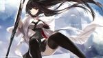  1girl black_eyes black_hair black_legwear blurry cape depth_of_field eien_no_aselia holding long_hair looking_at_viewer panties pantyshot pantyshot_(sitting) pleated_skirt seinarukana sitting sketch skirt smile solo sword thigh-highs translation_request underwear weapon wind 