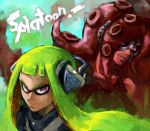 2girls ceramic_man determined domino_mask ear_protection glowing glowing_eyes green_hair headset headwear inkling looking_at_viewer mask multiple_girls nintendo redhead scarf smirk splatoon takozonesu tentacle_hair tentacles violet_eyes