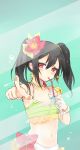  1girl against_glass black_hair blush bust cup drink drinking_straw earrings flat_chest flower gmanee hair_flower hair_ornament highres jewelry looking_at_viewer love_live!_school_idol_project natsuiro_egao_de_1_2_jump! navel necklace pointing pointing_at_viewer red_eyes short_hair solo star star_earrings striped_bikini_top twintails yazawa_nico 