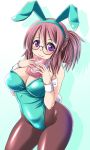  1girl animal_ears book breasts brown_hair bunny_tail bunnysuit cleavage detached_collar glasses one_side_up original pantyhose rabbit_ears short_hair side_ponytail tail tonpuu violet_eyes wrist_cuffs 