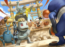  1girl abs arm_up bea_(pokemon) black_hairband blue_sky brick closed_eyes closed_mouth clothed_pokemon clouds commentary croagunk crossed_legs dark-skinned_female dark_skin day english_commentary extra_arms gong grey_eyes hairband hand_on_own_knee heracross highres holding index_finger_raised lucario machamp machamp_(adept) machop makuhita mcgmark mismatched_eyebrows muscular nostrils open_mouth outdoors pectorals pokemon pokemon_(creature) pokemon_swsh pokemon_unite red_eyes shirt short_hair short_sleeves signature sitting sky smile standing vase white_hair white_shirt 