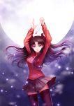  1girl blue_eyes brown_hair fate/stay_night fate_(series) full_moon hair_ribbon jewelry moon necklace ribbon solo thigh-highs tohsaka_rin toosaka_rin two_side_up wallacexi 