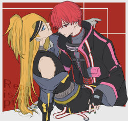  2boys :p asymmetrical_bangs bare_shoulders belt belt_buckle black_nails blonde_hair blue_eyes buckle closed_mouth crop_top deidara_(naruto) eyeliner fishnet_top fishnets goggles goggles_around_neck green_nails hair_over_one_eye hayamin35 headband high_ponytail highres implied_yaoi jacket long_hair makeup male_focus multiple_boys naruto_(series) naruto_shippuuden official_alternate_costume open_clothes open_jacket ponytail red_eyes red_hair sasori_(naruto) short_hair simple_background sitting tongue tongue_out watermark 
