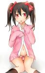  1girl blush bow bow_panties cardigan gmanee hair_bow looking_at_viewer love_live!_school_idol_project navel no_pants panties pink_panties red_eyes short_hair solo sweatdrop twintails unbuttoned underwear white_background yazawa_nico 