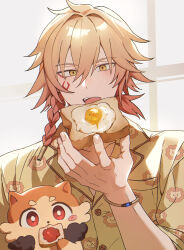 1boy animal_print blonde_hair bm88501 braid bread bread_slice chimera_(honkai:_star_rail) commentary facial_tattoo food fried_egg fried_egg_on_toast gradient_hair hair_between_eyes highres holding holding_food honkai:_star_rail honkai_(series) looking_at_viewer male_focus medium_hair multicolored_hair mydei_(honkai:_star_rail) pajamas ponytail red_hair red_tattoo side_braid solo symbol-only_commentary tattoo toast upper_body yellow_eyes yellow_pajamas 