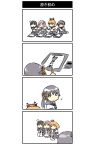  4girls 4koma akebono_(kantai_collection) black_hair calligraphy_brush comic crab_on_head kantai_collection multiple_girls oboro_(kantai_collection) orange_hair paintbrush pink_hair sazanami_(kantai_collection) school_uniform serafuku simple_background translation_request tumetaigohan1209 ushio_(kantai_collection) 