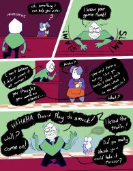  2boys ? ^^^ absurdres apron bags_under_eyes bar_(place) bar_stool bartender checkered_floor cleaning_rag colored_skin confused constricted_pupils counter cup deltarune desk_slam ears_down gloves green_background green_gloves green_pippins green_poncho grin highres holding holding_cup laughing multiple_boys on_stool orange_apron paranoid purple_skin ramb_(deltarune) slam smile stool thewolfisyou tooth_gap wavy_mouth werewire 