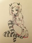  1girl absurdres highres monochrome shirobako smile solo striped striped_legwear thigh-highs twintails yano_erika 