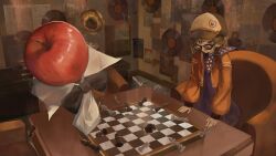  1girl absurdres apple apple_(reverse:1999) bishop_(chess) black_bow black_bowtie blue_dress blue_neckerchief bow bowtie brown_hair chess_piece chessboard couch crooked_eyewear dress food fruit hand_on_table hat highres indoors jacket king_(chess) knight_(chess) looking_at_another meong02 neckerchief newsboy_cap open_clothes open_jacket open_mouth orange_eyes pawn_(chess) phonograph polka_dot_neckerchief poster_(object) queen_(chess) red_jacket regulus_(reverse:1999) reverse:1999 rook_(chess) short_hair solo sunglasses traditional_bowtie upper_body vinyl_record 