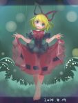  1girl barefoot blonde_hair blue_eyes bow crazy_eyes dated flower hair_bow highres letterboxed lily_of_the_valley medicine_melancholy namauni open_mouth puffy_short_sleeves puffy_sleeves puppet_strings shirt short_sleeves skirt skirt_hold smile string touhou wings 