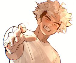  1boy antenna_hair black_hair blush closed_eyes commentary_request crew_neck fingernails grin guzma_(pokemon) karakurenai4920 male_focus multicolored_hair outstretched_arm pokemon pokemon_sm shirt short_sideburns simple_background smile solo t-shirt teeth thick_eyebrows two-tone_hair upper_body white_background white_hair white_shirt 