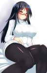  1girl black_hair breasts hair_ornament hairclip highres huge_breasts long_hair looking_at_viewer ordures original pantyhose parted_lips red_eyes ribbed_sweater shadow sitting solo sweater white_background 