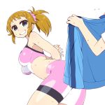  1girl arms_behind_back bare_shoulders bdsm bike_shorts blue_eyes blush bondage breasts brown_hair chan_co from_behind gundam gundam_build_fighters gundam_build_fighters_try hoshino_fumina jacket large_breasts long_hair looking_back midriff navel ponytail rope scrunchie smile solo_focus sports_bra sweat 