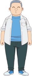  1boy aqua_shirt aqua_shoes arms_at_sides artist_request balding breast_pocket closed_mouth collared_shirt crew_neck dress_pants facing_viewer fat full_body gou-yan green_pants grey_hair laces legs_apart male_focus official_art open_clothes open_shirt pants pocket puniru_wa_kawaii_slime school_uniform second-party_source shaved_head shirt shoes simple_background sleeves_rolled_up sneakers solo standing straight_hair tachi-e three-quarter_sleeves transparent_background white_shoes white_sleeve_cuffs white_sleeves wing_collar 