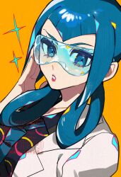  1girl adjusting_eyewear black_shirt blue-tinted_eyewear blue_eyes blue_hair blue_necktie coat commentary highres kawasaki_(kwsk_8765) lab_coat mable_(pokemon) necktie orange_background parted_lips pokemon pokemon_legends:_z-a shirt simple_background solo sparkle tinted_eyewear upper_body white_coat 