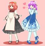  2girls alternate_costume bow chinese_clothes floral_print flower ganmaganmo hair_flower hair_ornament hands_clasped heart hieda_no_akyuu highres motoori_kosuzu multiple_girls open_mouth purple_hair ribbon short_hair skirt tabard touhou twintails violet_eyes 