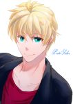  1boy aqua_eyes blonde_hair casual fate/prototype fate_(series) saber_(fate/prototype) solo takatukisatoru 