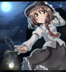  1girl brown_eyes brown_hair do_(4-rt) full_moon hat highres juliet_sleeves letterboxed long_sleeves moon necktie night pocket_watch puffy_sleeves shirt skirt sky smile solo sparkle touhou usami_renko watch 