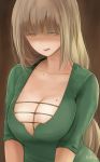 1girl artist_name blonde_hair breasts brown_background brown_eyes brown_hair bust cleavage collarbone dress highres large_breasts long_hair mole mole_on_breast original shaded_face solo special_g_(spg) 
