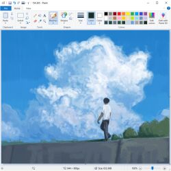  1other art_program_in_frame black_hair christian_young cloud_focus clouds cloudy_sky commentary dark-skinned_male dark_skin day denim from_behind full_body jeans microsoft_paint_(medium) microsoft_paint_(software) original outdoors painterly pants scenery screenshot shirt short_hair sky solo t-shirt walking white_shirt 