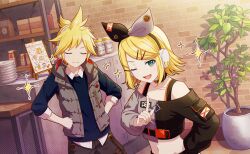  1boy 1girl :d black_bow black_choker black_shorts blonde_hair blue_sweater bow bow_hairband choker closed_eyes closed_mouth collared_sweater colorful_palette crop_top fingernails game_cg grey_bow grey_vest hair_ornament hairband hairclip headset highres kagamine_len kagamine_rin light_up_the_fire_(project_sekai) menu multicolored_bow nail_polish official_art one_eye_closed open_mouth plant potted_plant project_sekai shorts smile spiky_hair sweater third-party_source u_u vest vivid_bad_squad_len vivid_bad_squad_rin vocaloid yellow_nails 