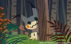  black_eyes commentary_request company_name copyright_name copyright_notice forest grass hyogonosuke looking_at_viewer mimikyu nature no_humans official_art outdoors pokemon pokemon_(creature) pokemon_focus pokemon_tcg shadow solid_oval_eyes solo tree 