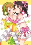  2girls ;) ;o bare_shoulders black_hair blush brown_hair elbow_gloves fingerless_gloves gloves gmanee headset highres hug koizumi_hanayo love_live!_school_idol_project multiple_girls one_eye_closed pink_gloves short_hair skirt smile striped striped_legwear takaramonozu twintails violet_eyes yazawa_nico yellow_gloves 