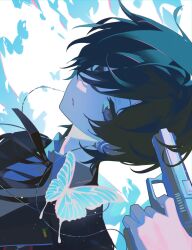 1boy absurdres black_hair black_jacket black_ribbon blue_butterfly blue_eyes bug butterfly collared_shirt evoker finger_on_trigger gekkoukan_high_school_uniform gun gun_to_head hair_between_eyes headphones highres holding holding_gun holding_weapon jacket lapels looking_at_viewer male_focus neck_ribbon notched_lapels parted_lips persona persona_3 ribbon school_uniform shirt short_hair simple_background solo upper_body weapon white_background white_shirt wing_collar yapp722 yuuki_makoto_(persona_3) 