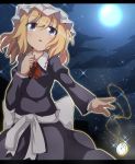  1girl blonde_hair do_(4-rt) dress full_moon highres juliet_sleeves letterboxed long_sleeves maribel_hearn mob_cap moon night open_mouth pocket_watch puffy_sleeves purple_dress sash sky solo sparkle touhou violet_eyes watch 