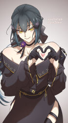  1girl artist_name black_dress black_gloves black_hair black_ribbon bright_pupils chinese_commentary closed_mouth collarbone commentary_request dandelion_(girls'_frontline) dated dress girls'_frontline_2:_exilium girls_frontline gloves grey_background hair_ornament half_gloves heart heart_hands highres johnjohn_(johnjohn_1028) looking_at_viewer neck_flower neck_ribbon off-shoulder_dress off_shoulder ribbon simple_background smile solo upper_body white_pupils yellow_eyes 