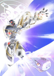  absurdres alphamon armor black_armor black_helmet blue_background dazz_(daito) digimon digimon_(creature) dorumon evolutionary_line forehead_jewel helmet highres knight sample_watermark sharp_teeth solo_focus teeth watermark yellow_eyes 