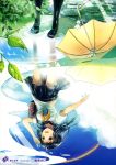  1girl absurdres ahoge bag black_eyes black_hair black_legwear blush clouds hair_ornament hairclip handbag highres kneehighs long_hair open_mouth original pins puddle rainbow reflection sakuragi_kei scan school_uniform serafuku skirt sky smile solo umbrella water 