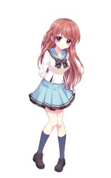  1girl arms_behind_back black_bow black_shoes blue_sailor_collar blue_skirt blue_socks blush bow braid breasts brown_hair closed_mouth collarbone diagonal-striped_bow dot_nose full_body highres izumi_tsubasu kneehighs knees_together_feet_apart large_breasts long_hair marehoshi_academy_school_uniform mizushino_tamaki official_art re:stage! sailor_collar school_uniform serafuku shoes simple_background single_braid skirt smile socks solo striped_bow tachi-e transparent_background violet_eyes 