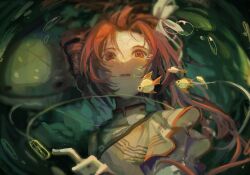  1girl bow bubble fish flat_chest floating_hair goldfish grey_jacket hair_bow hashtag-only_commentary highres jacket kasane_teto kasane_teto_(sv) layered_sleeves mao206327 musical_staff musical_staff_print red_eyes red_trim solo striped_clothes striped_jacket synthesizer_v underwater upper_body utau white_bow 