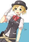  :d belt blonde_hair blush bowtie dutch_angle gloves green_eyes grey_skirt hat kantai_collection looking_at_viewer maikaze_(kantai_collection) natsume_(na_tsumen) open_mouth pleated_skirt police_hat red_bow salute school_uniform short_hair short_ponytail skirt smile two-tone_background vest white_gloves 