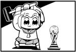  1girl :3 bkub comic lowres monochrome payot poptepipic popuko school_uniform serafuku simple_background sledgehammer solo two-tone_background two_side_up world_cup 