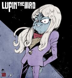  1boy ahn_dongshik arms_behind_back blue_skin bow bowtie colored_skin copyright_name evil_smile highres long_hair long_sleeves lupin_iii male_focus mamo_(lupin_iii) purple_suit red_bow red_bowtie red_eyes signature simple_background smile solo suit white_hair 